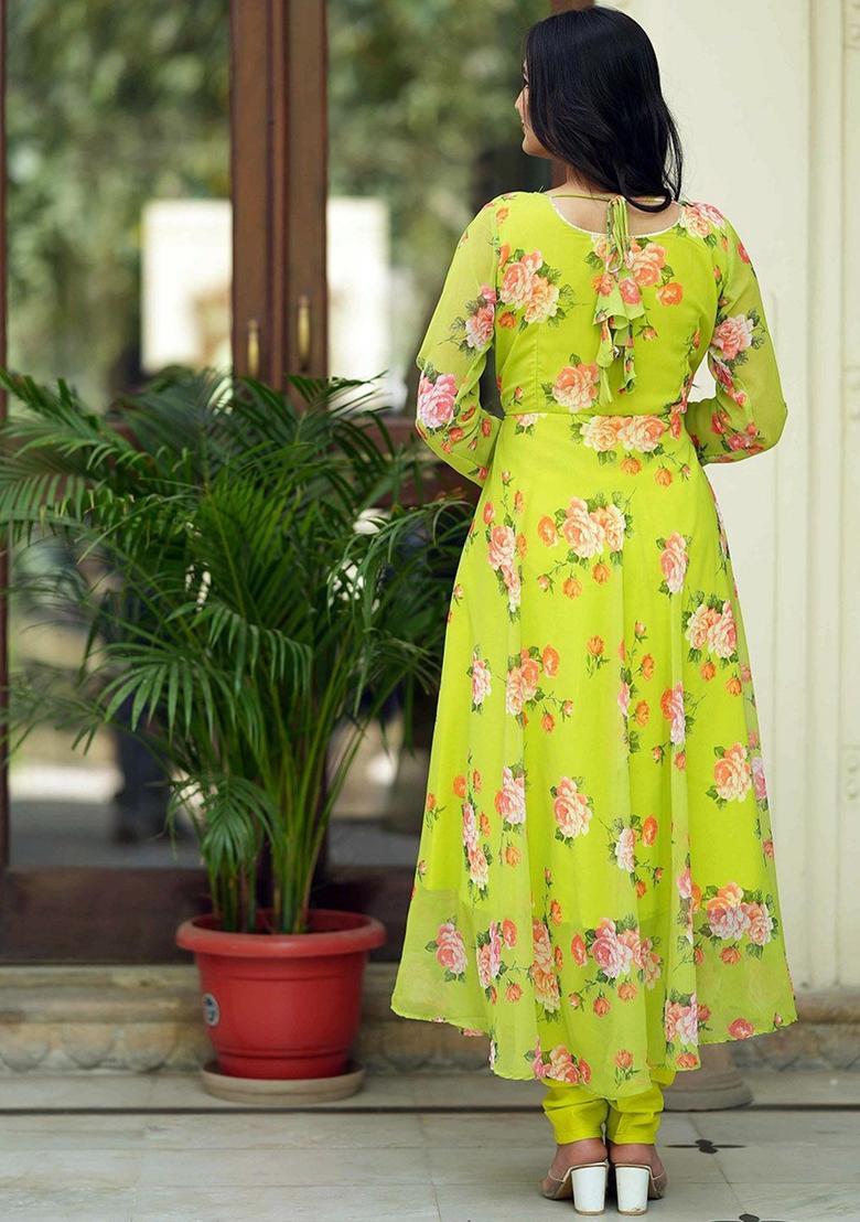 Green Printed Chiffon Kurta Set - Indya
