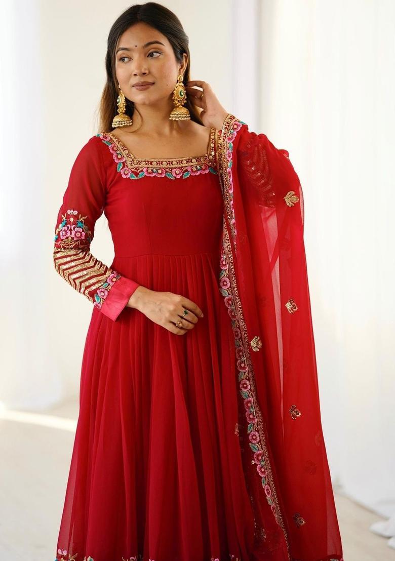 Red Embroidered Georgette Kurta Set - Indya