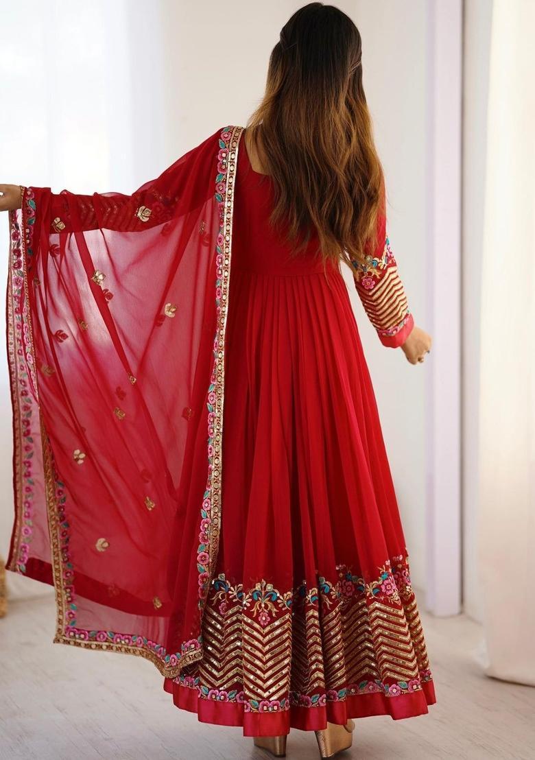 Red Embroidered Georgette Kurta Set - Indya