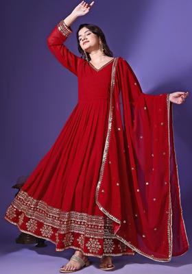 Red Embroidered Georgette Kurta Set