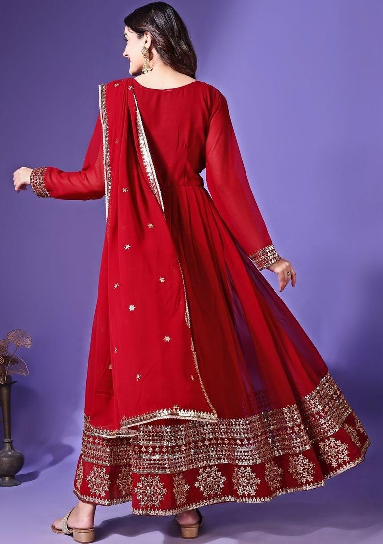 Red Embroidered Georgette Kurta Set - Indya