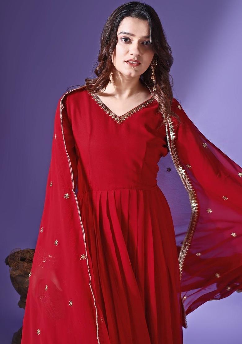 Red Embroidered Georgette Kurta Set - Indya