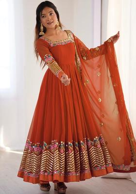 Rust Embroidered Georgette Kurta Set