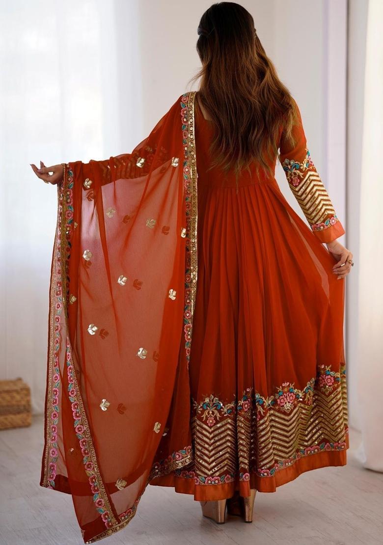 Rust Embroidered Georgette Kurta Set - Indya