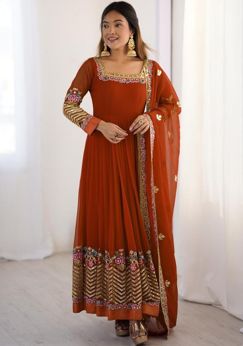 Rust Embroidered Georgette Kurta Set - Indya