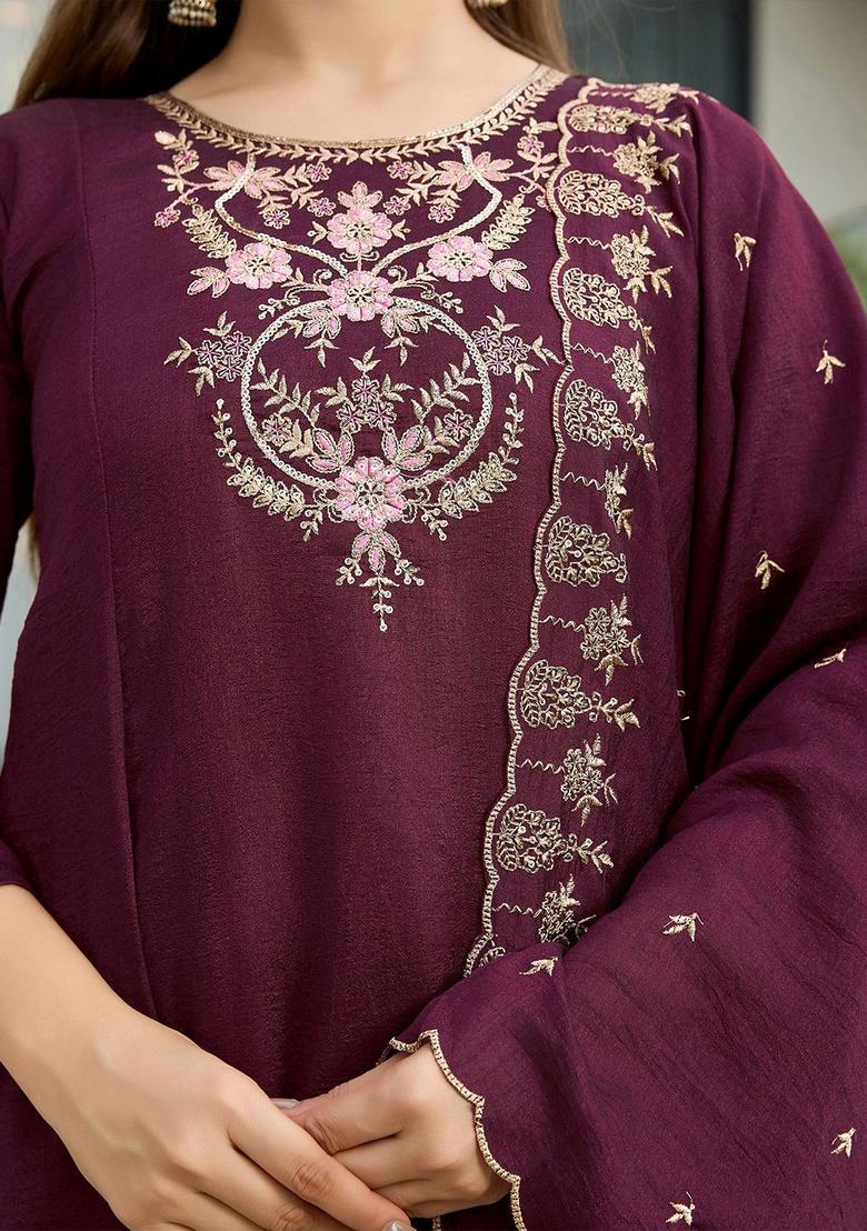 Purple Yoke Design Silk Kurta Set - Indya