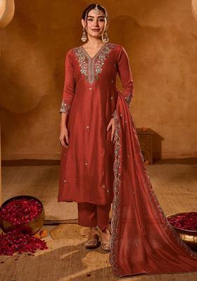 Maroon Embroidered Silk Kurta Set