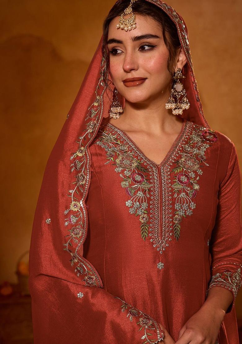 Maroon Embroidered Silk Kurta Set - Indya