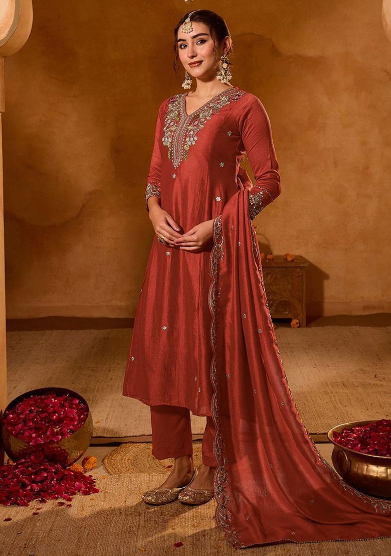 Maroon Embroidered Silk Kurta Set - Indya