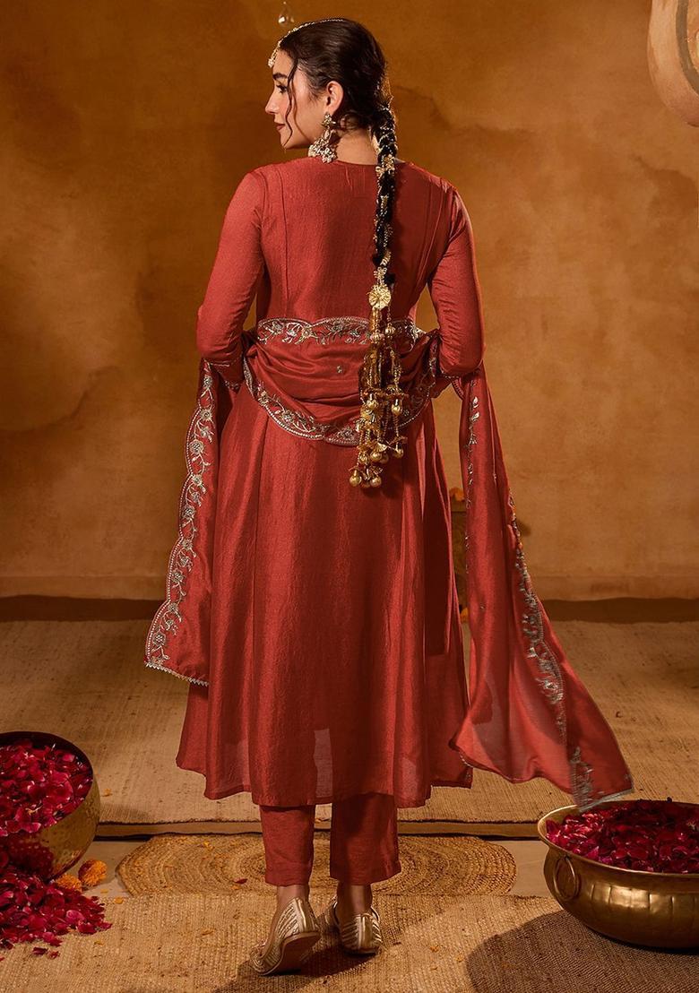 Maroon Embroidered Silk Kurta Set - Indya