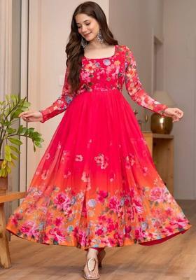 Red Printed Organza Kurta Set
