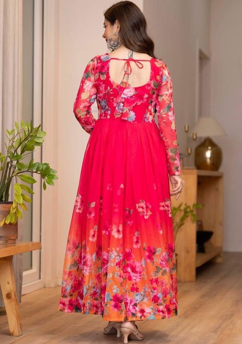 Red Printed Organza Kurta Set - Indya