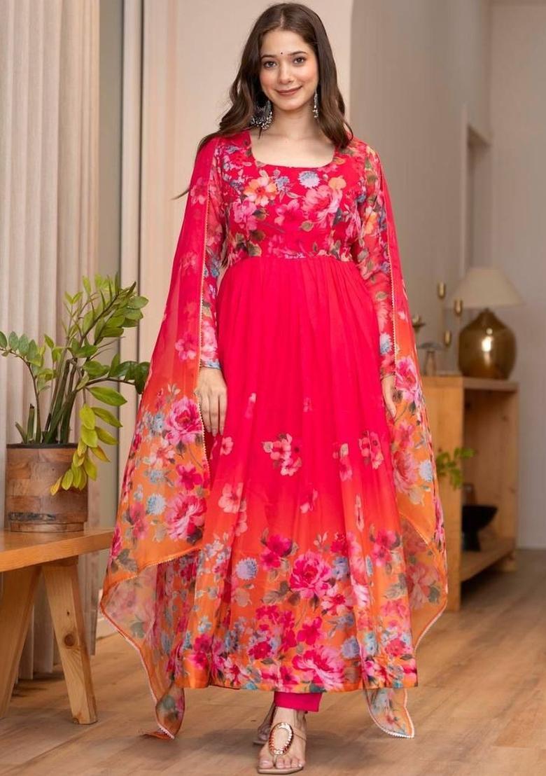 Red Printed Organza Kurta Set - Indya