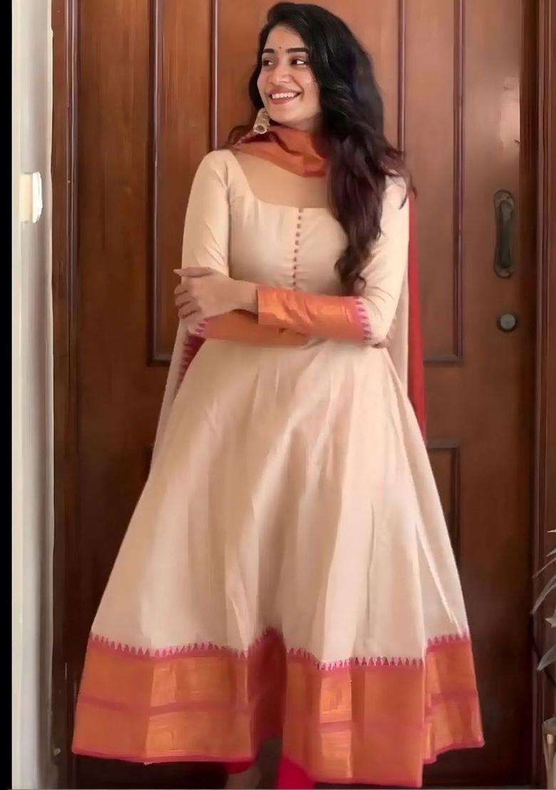 Beige Solid Silk Kurta Set - Indya