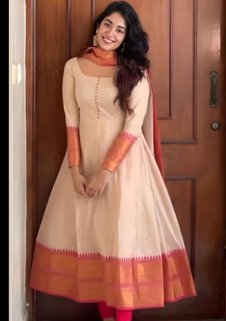 Beige Solid Silk Kurta Set - Indya