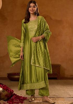 Lime Green Embroidered Silk Kurta Set