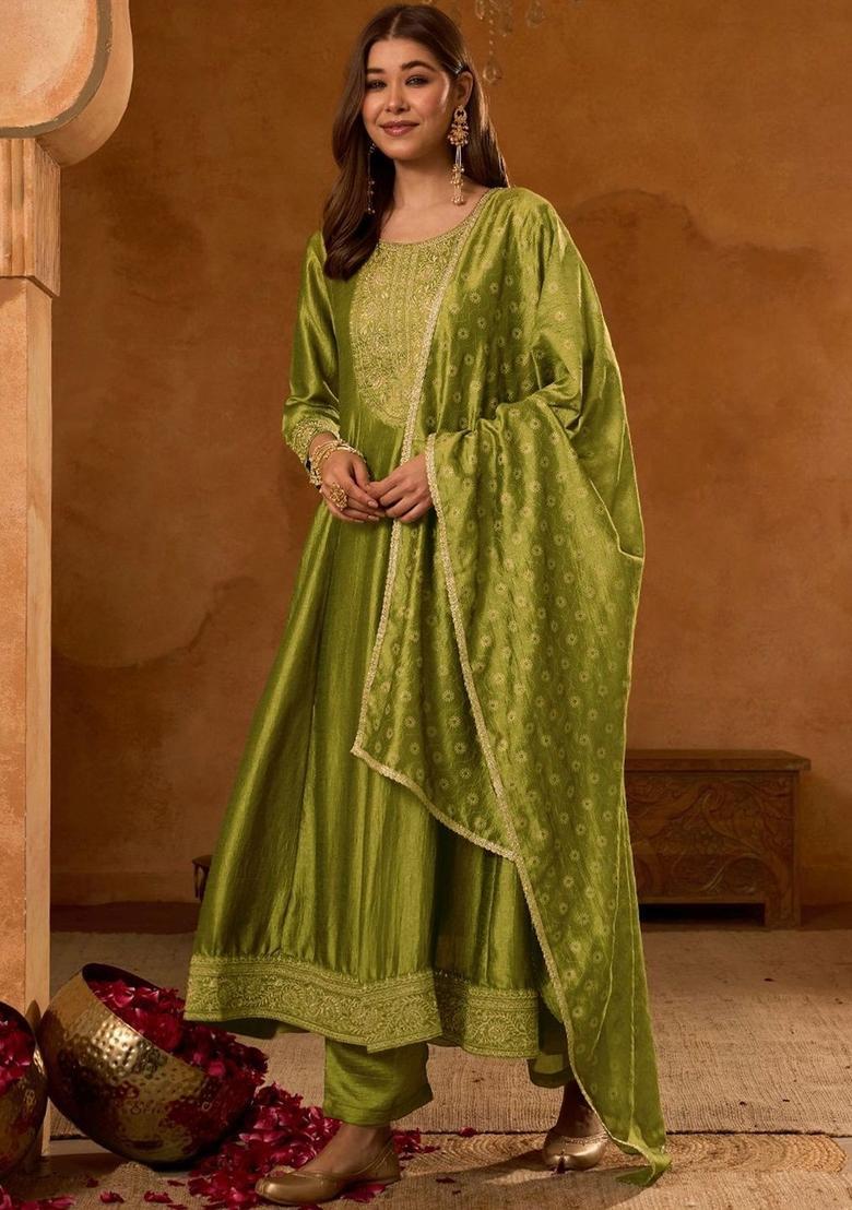 Lime Green Embroidered Silk Kurta Set - Indya