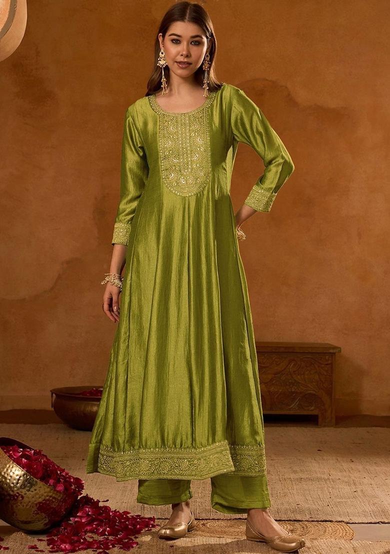 Lime Green Embroidered Silk Kurta Set - Indya