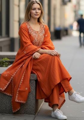 Orange Embroidered Silk Kurta Set