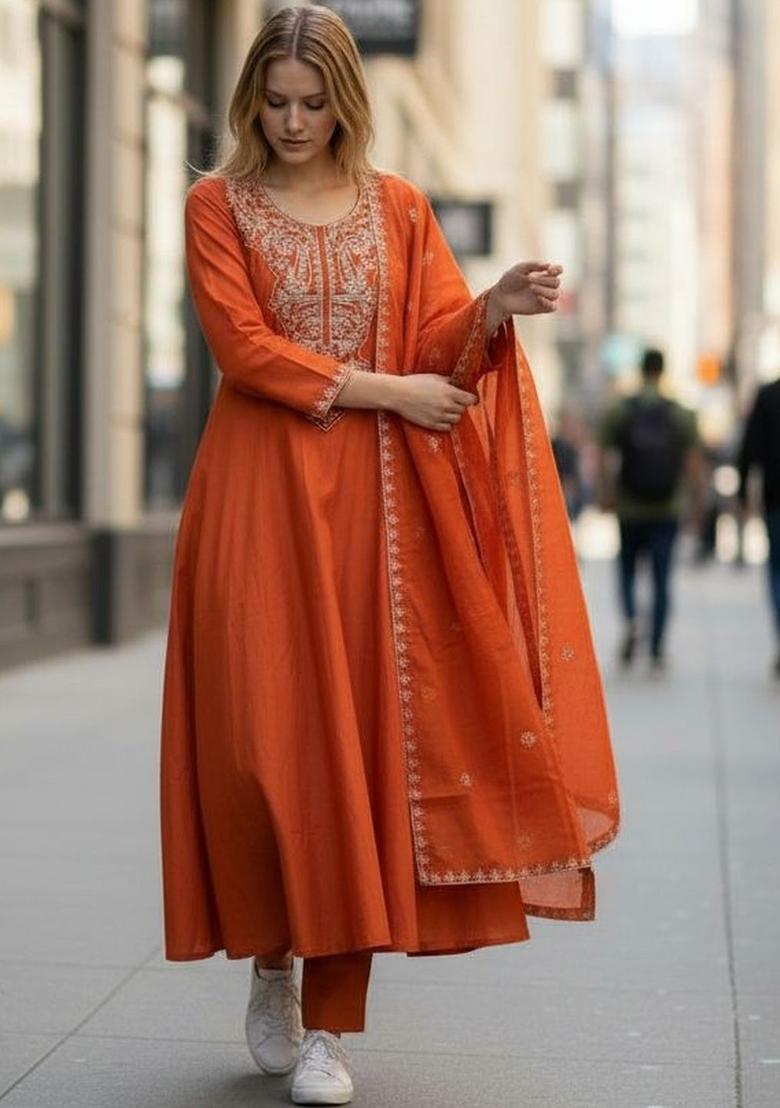 Orange Embroidered Silk Kurta Set - Indya