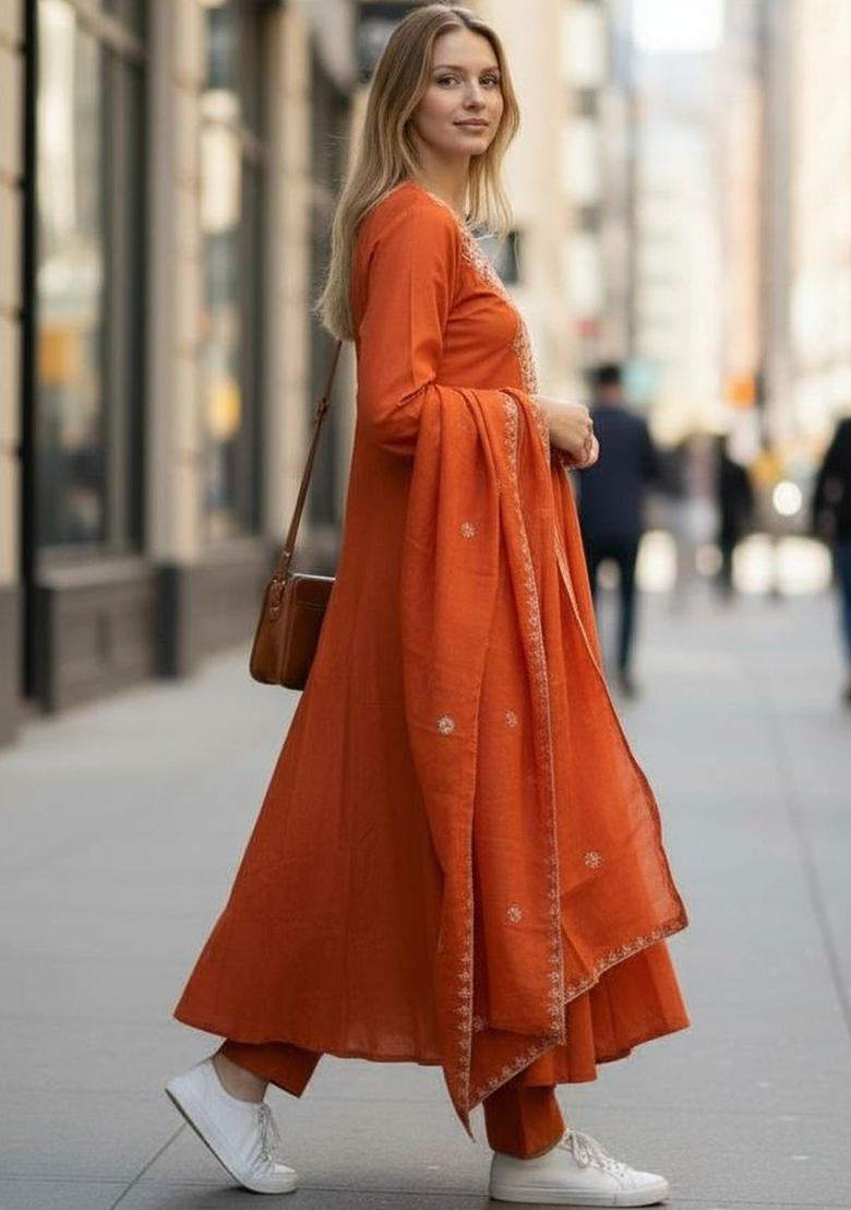 Orange Embroidered Silk Kurta Set - Indya
