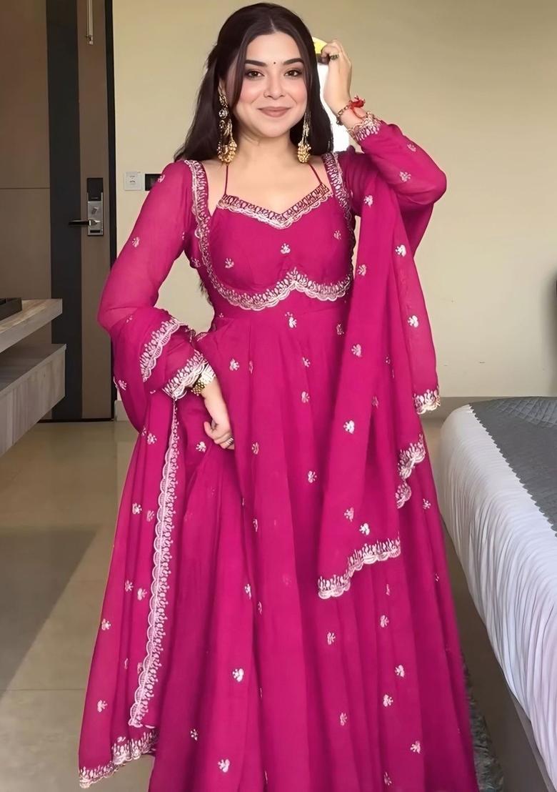Magenta Embroidered Georgette Kurta Set - Indya