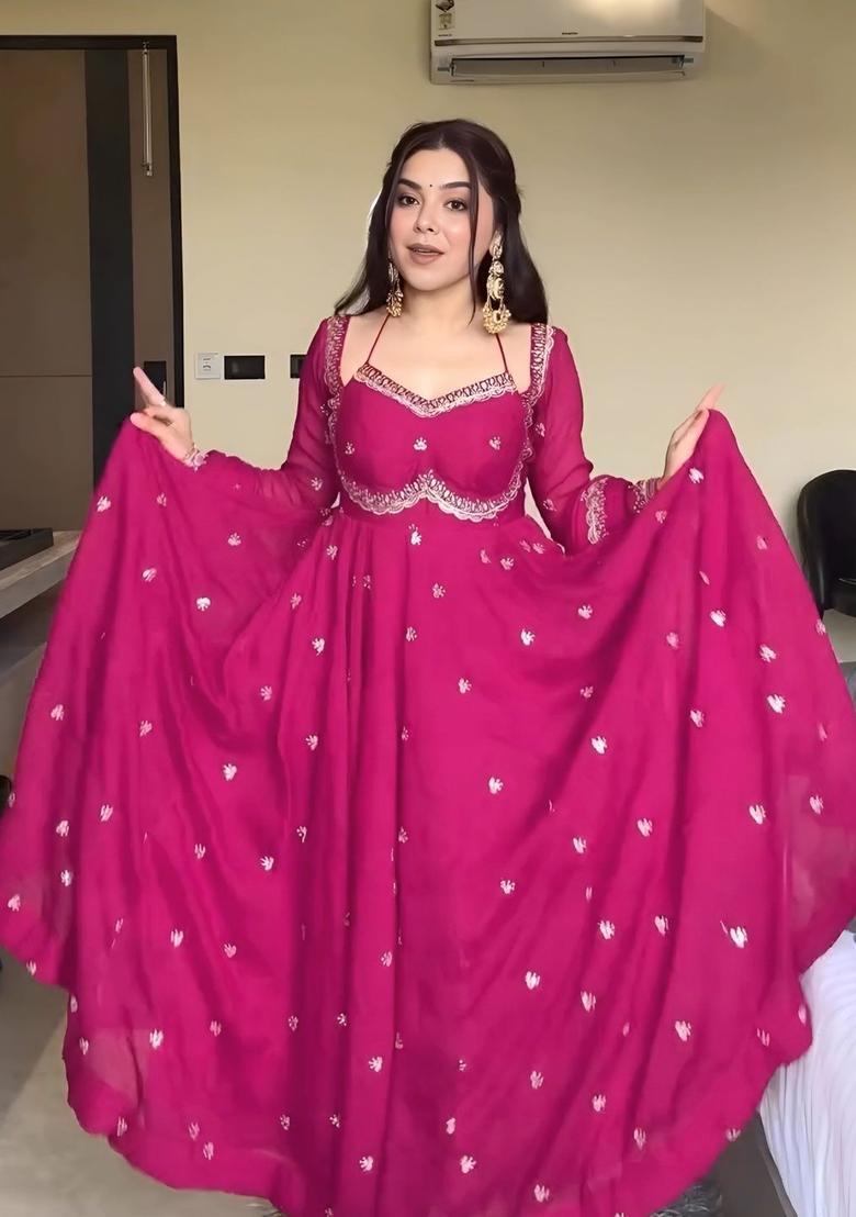 Magenta Embroidered Georgette Kurta Set - Indya