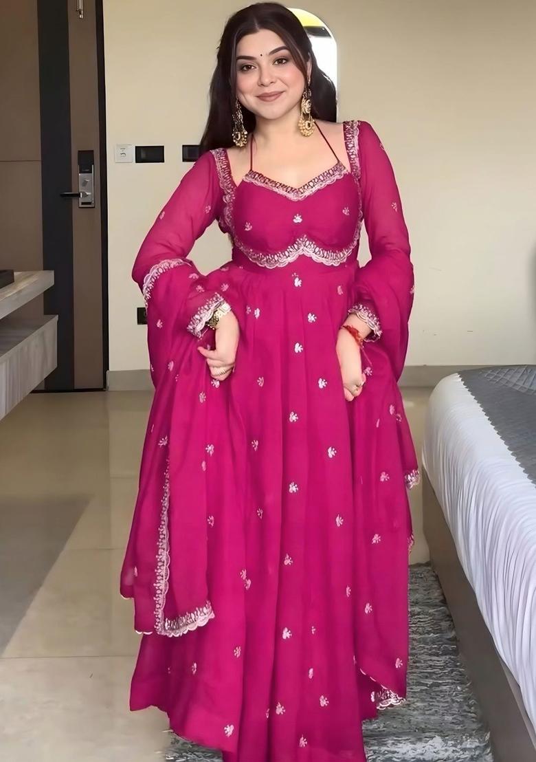 Magenta Embroidered Georgette Kurta Set - Indya