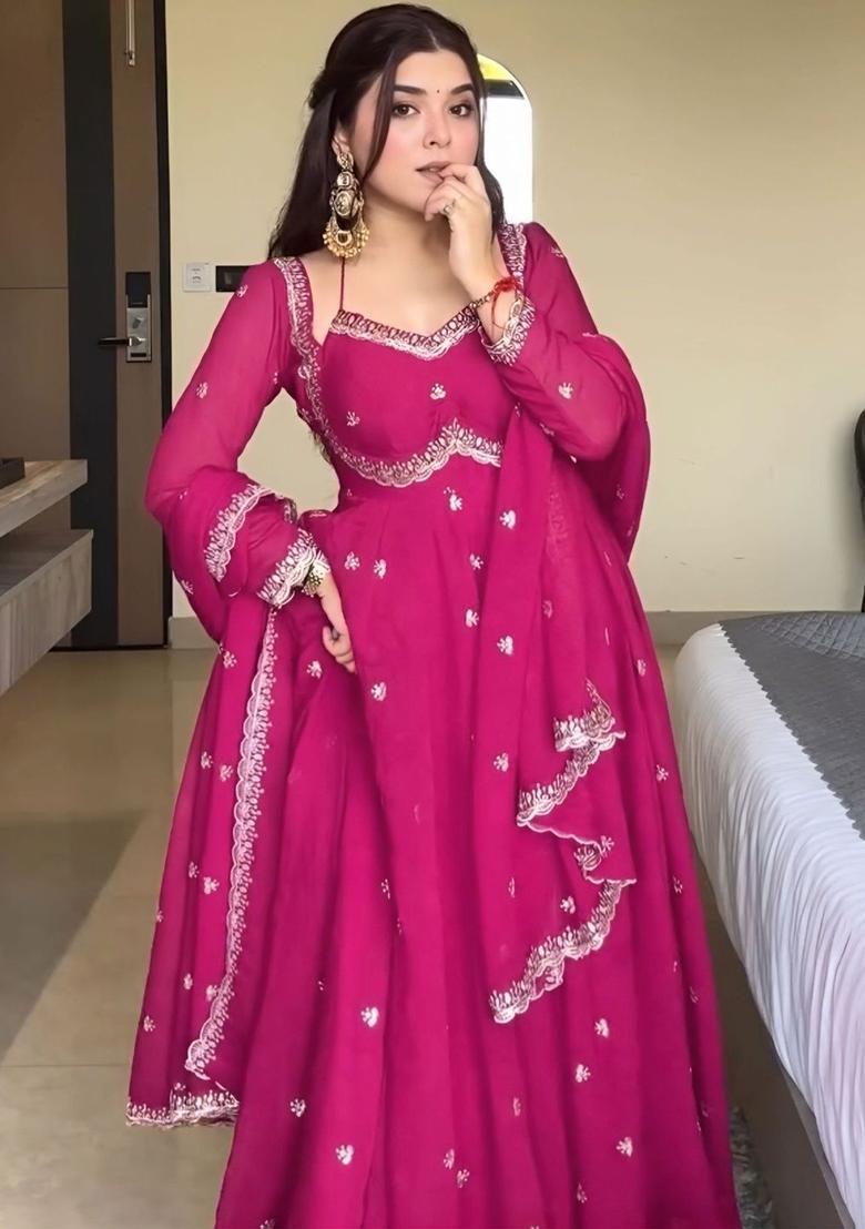 Magenta Embroidered Georgette Kurta Set - Indya