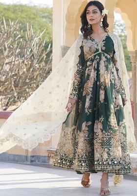 Green Printed Georgette Kurta Set