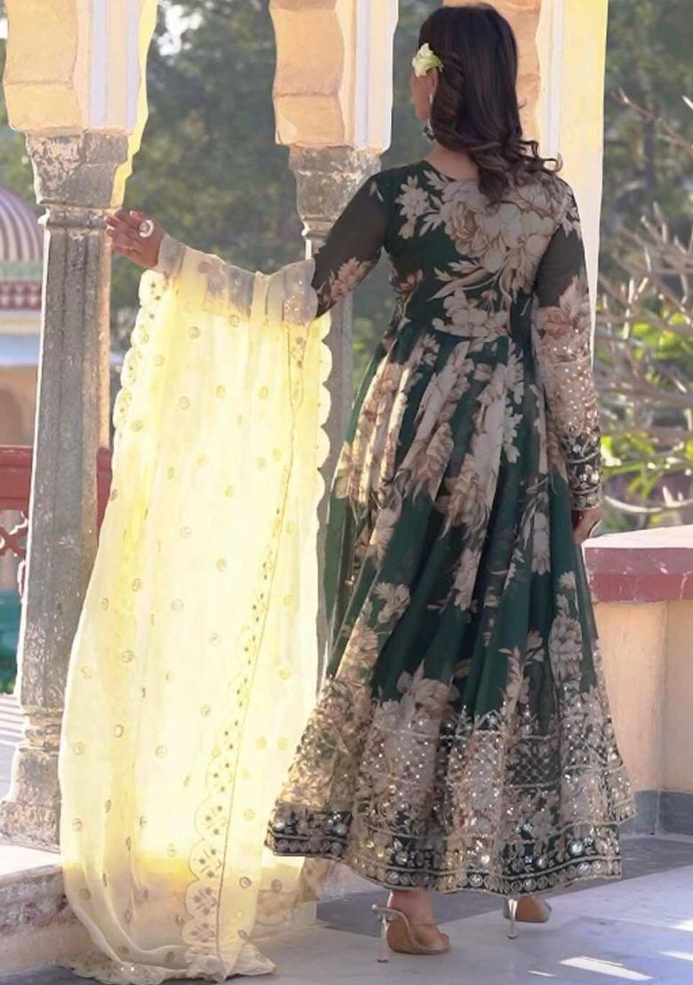 Green Printed Georgette Kurta Set - Indya