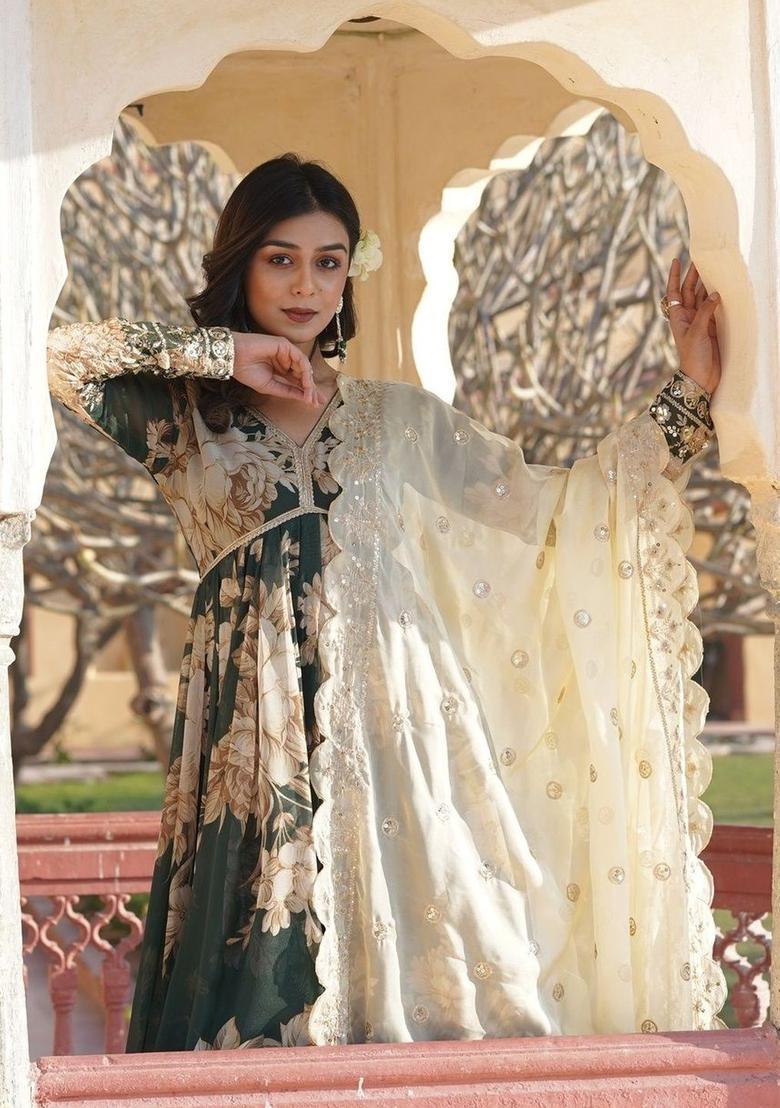 Green Printed Georgette Kurta Set - Indya