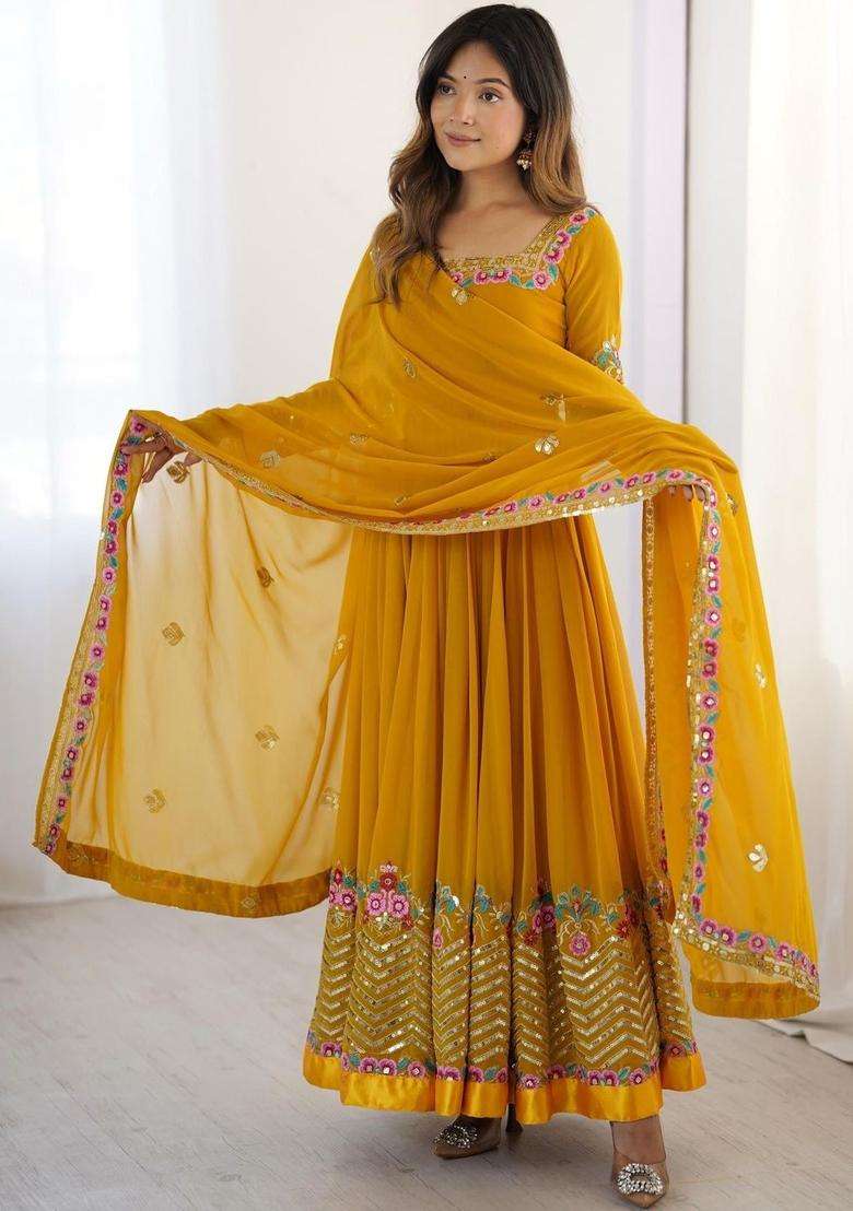 Mustard Solid Georgette Kurta Set - Indya