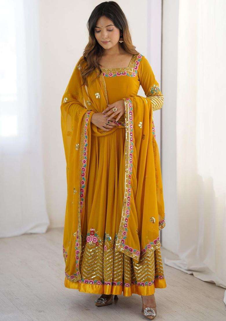 Mustard Solid Georgette Kurta Set - Indya