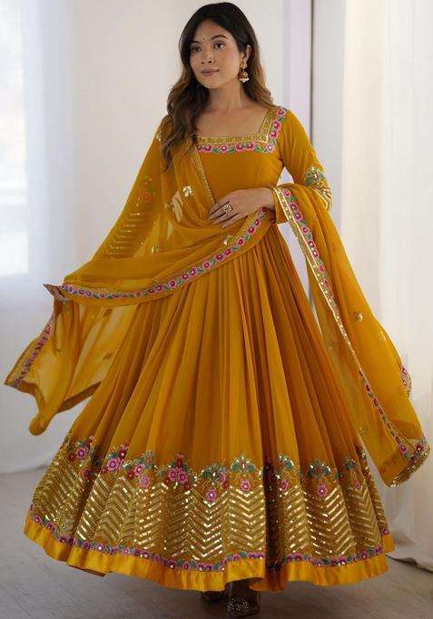 Mustard Solid Georgette Kurta Set