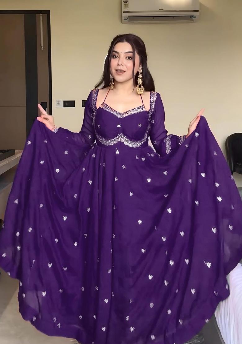 Purple Embroidered Georgette Kurta Set - Indya