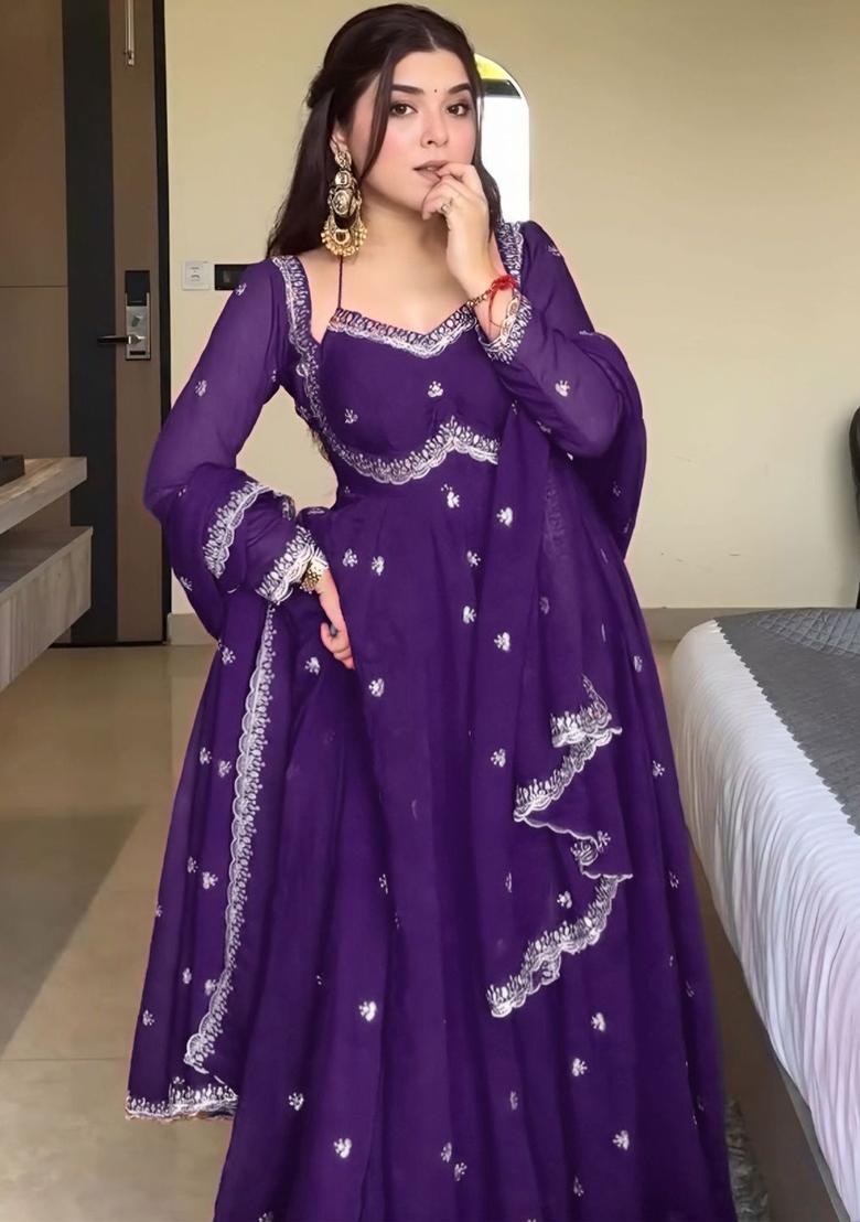 Purple Embroidered Georgette Kurta Set - Indya