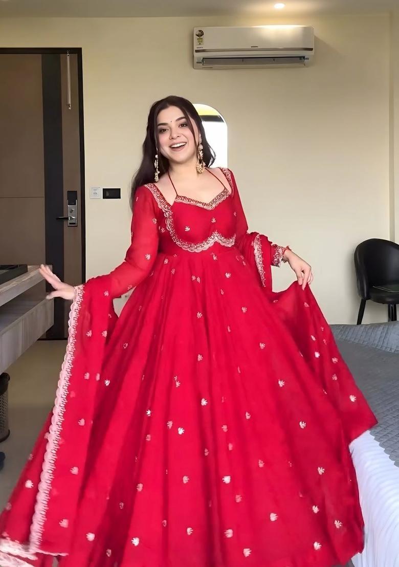 Red Embroidered Georgette Kurta Set - Indya