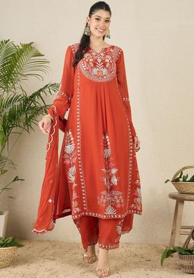 Orange Embroidered Georgette Kurta Set