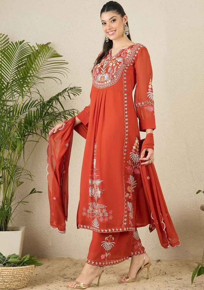 Orange Embroidered Georgette Kurta Set - Indya