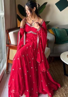 Red Printed Georgette Kurta Set