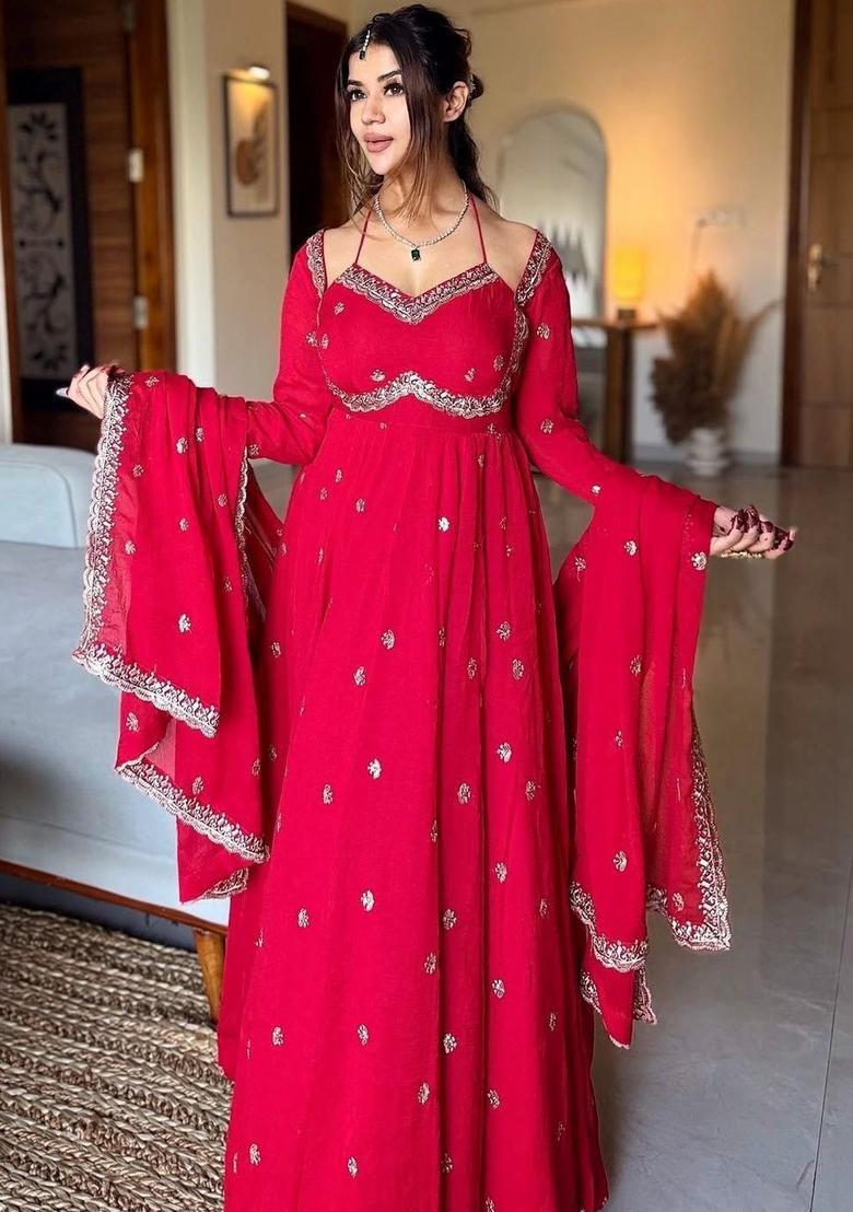 Red Printed Georgette Kurta Set - Indya