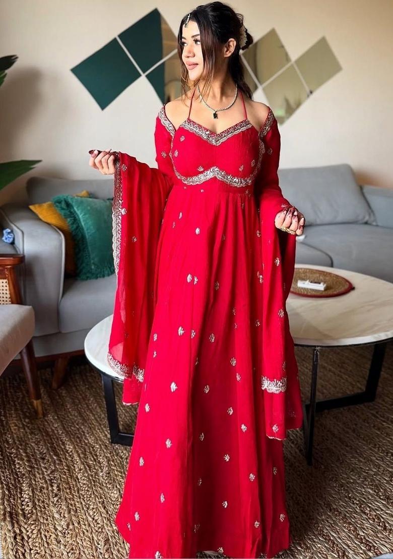 Red Printed Georgette Kurta Set - Indya