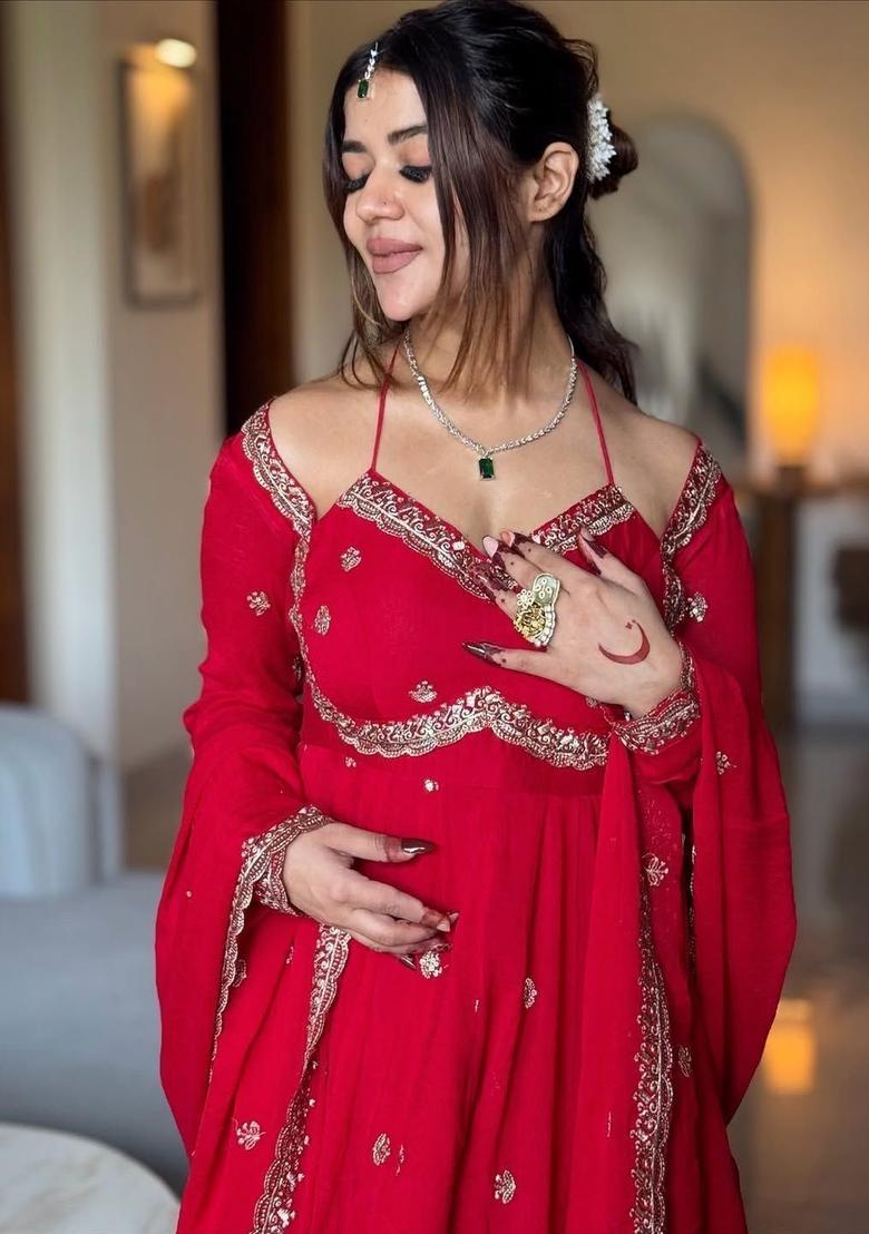 Red Printed Georgette Kurta Set - Indya