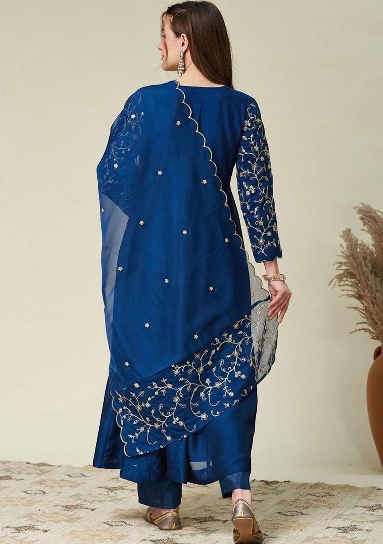 Blue Embroidered Silk Kurta Set - Indya
