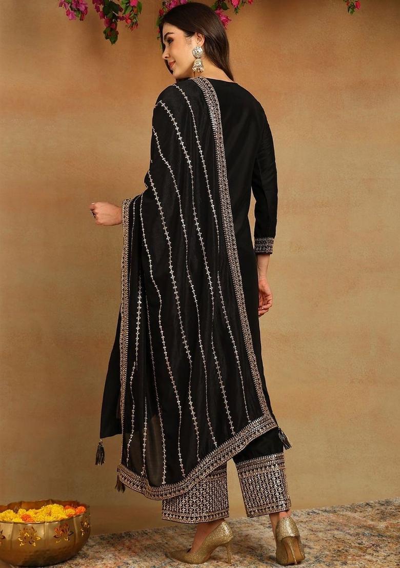 Black Yoke Design Silk Kurta Set - Indya