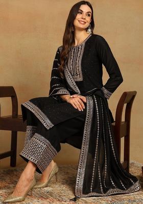 Black Embroidered Silk Kurta Set