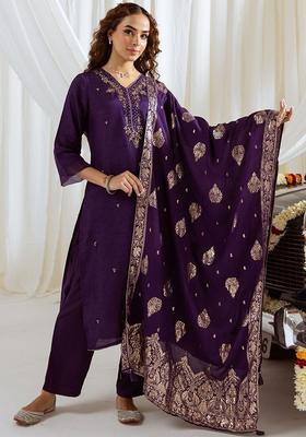 Purple Woven Design Silk Blend Kurta Set