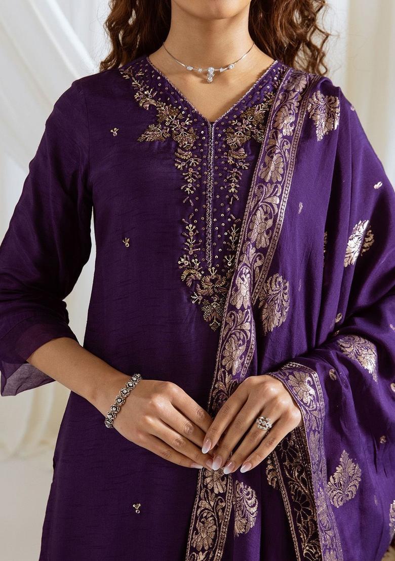 Purple Woven Design Silk Kurta Set - Indya