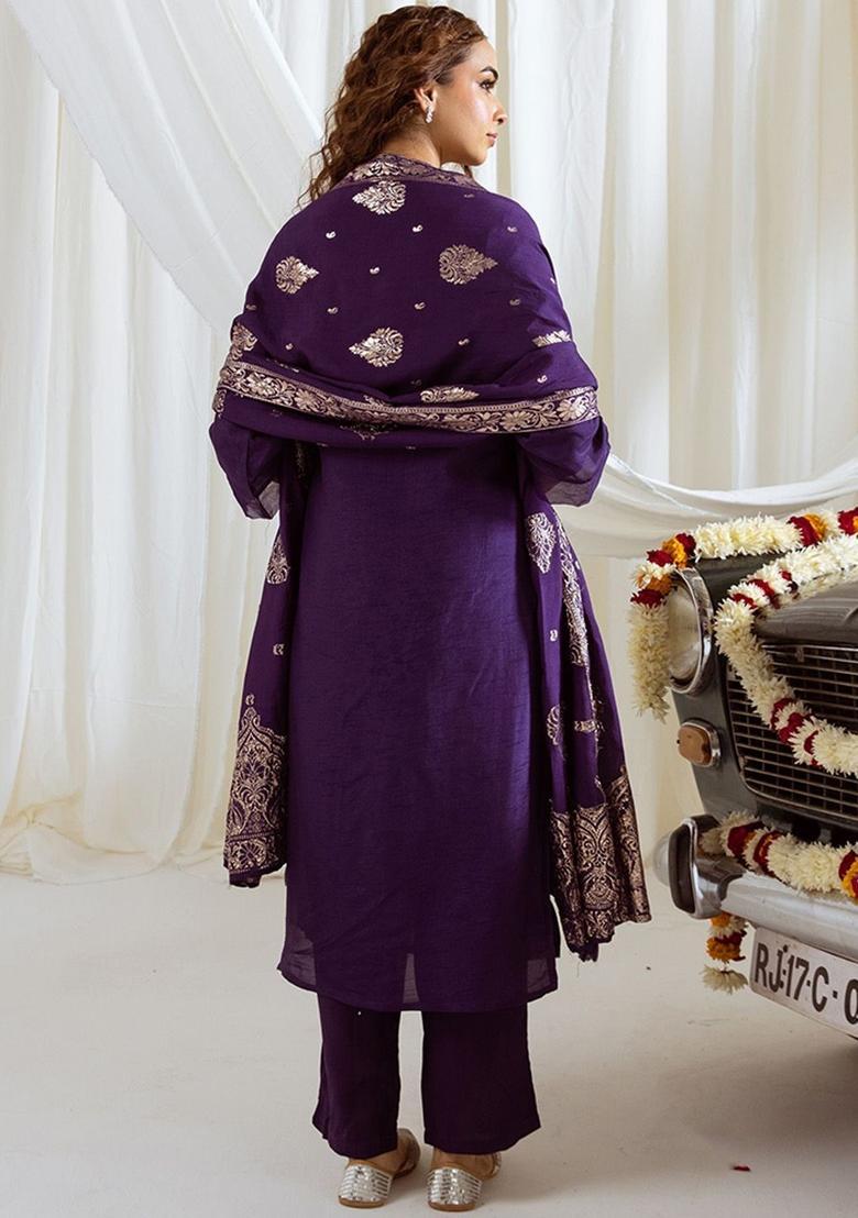 Purple Woven Design Silk Kurta Set - Indya